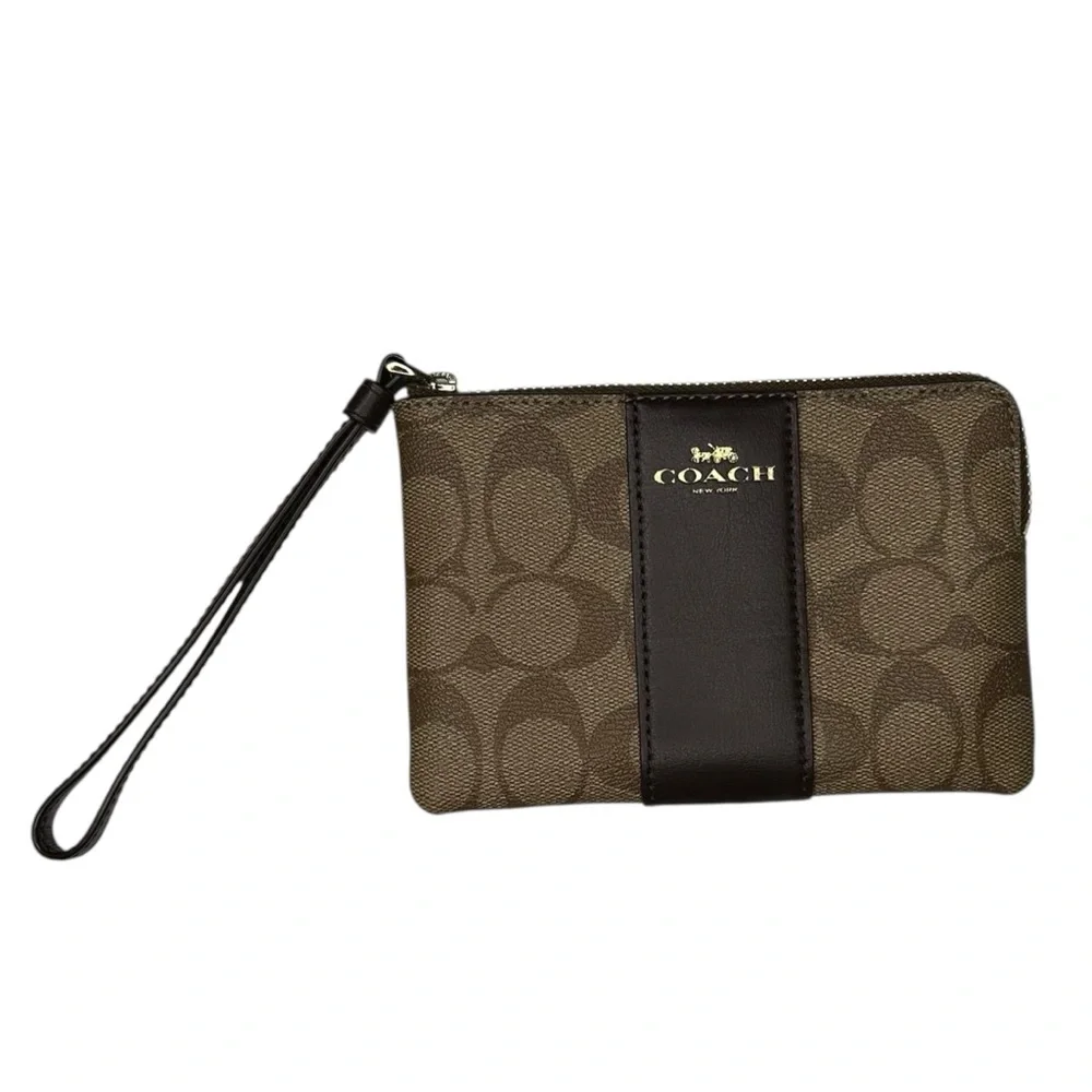 Coach Signature Canvas Corner Zip Wristlet Wallet Brown Gold
